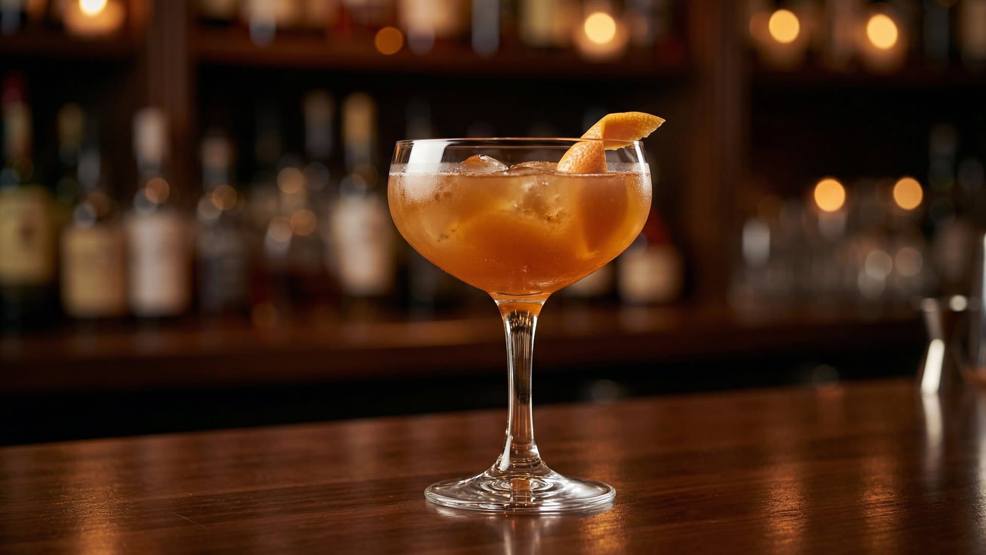 Main Character cocktail in a coupe garnished with grapefruit peel