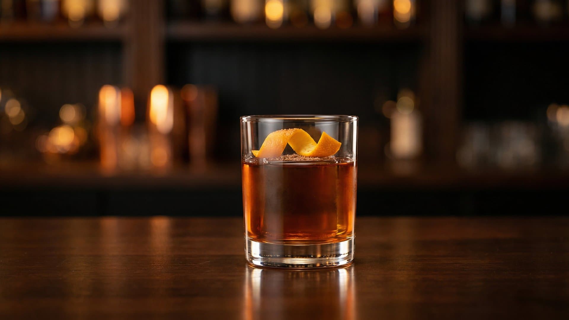 Hearthside Ember cocktail in a rocks garnished with Orange peel, optional fresh grated nutmeg