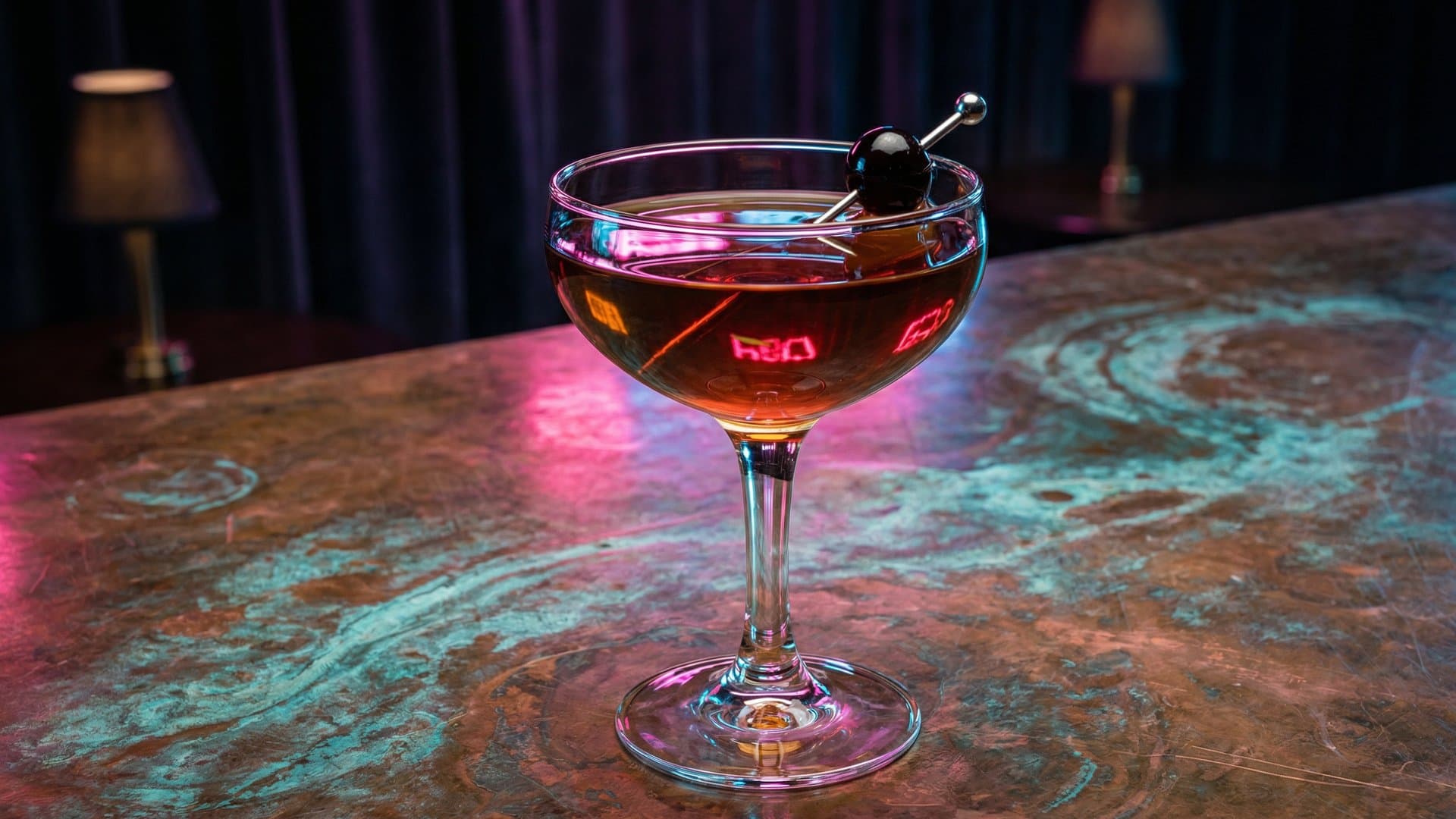 The Crane cocktail in a coupe garnished with Luxardo cherry on a pick