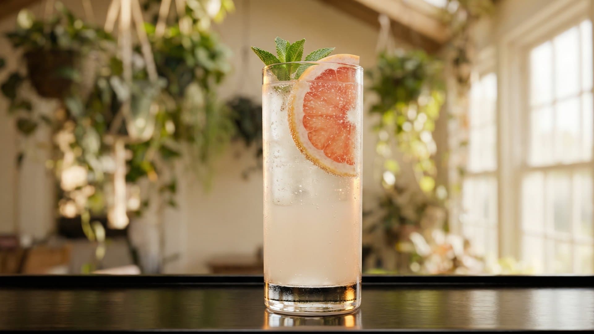 Monday Spritz cocktail in a highball garnished with grapefruit wheel and mint sprig
