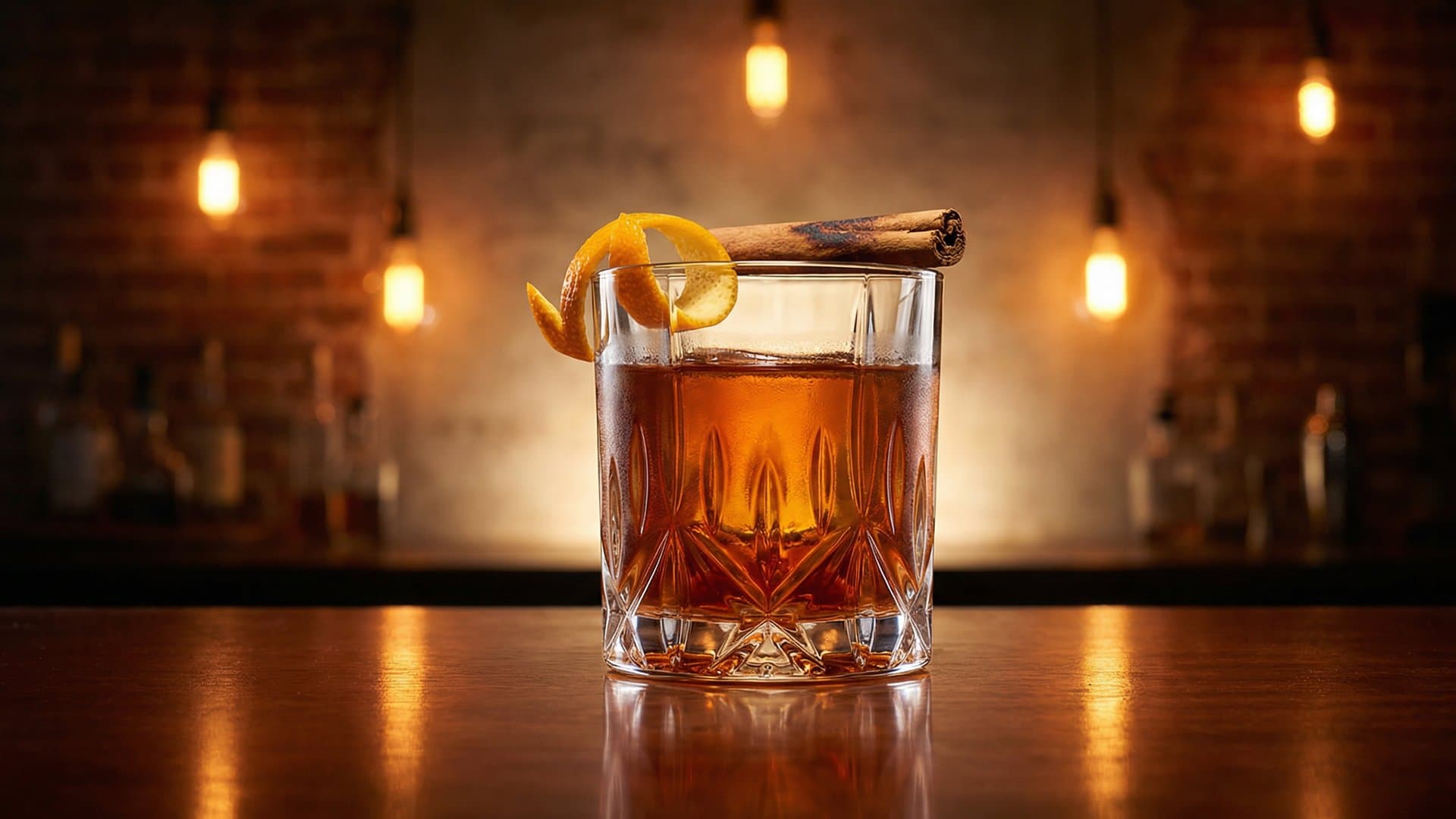 Ember & Oak cocktail in a rocks garnished with Orange peel twist and cinnamon stick