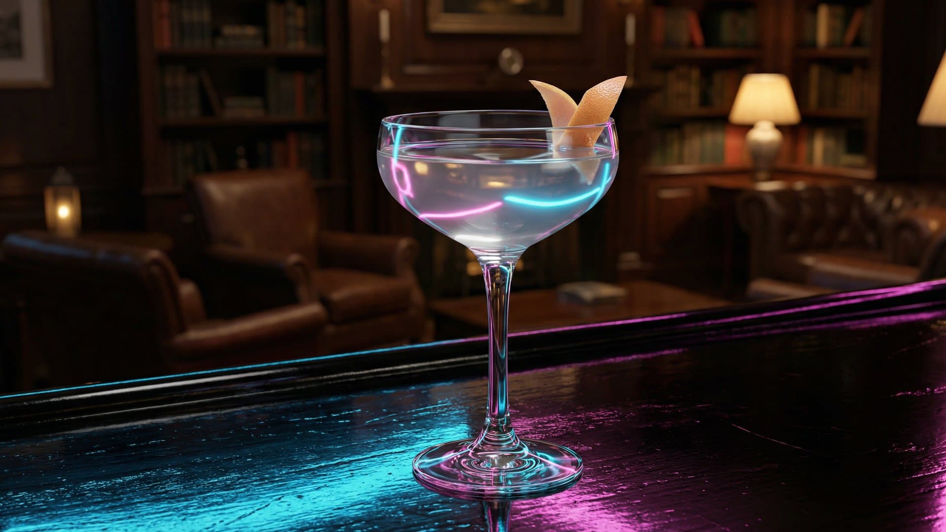 The Bitter Garden cocktail in a coupe garnished with grapefruit twist