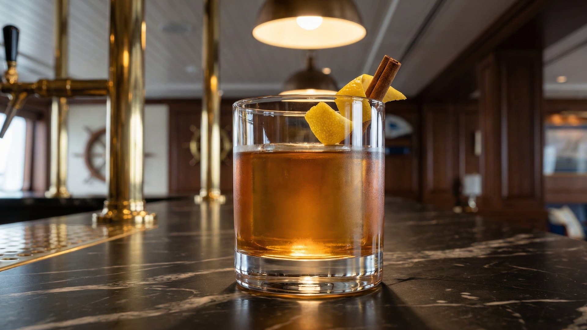 Alpine Sunset cocktail in a rocks garnished with lemon peel expression and cinnamon stick