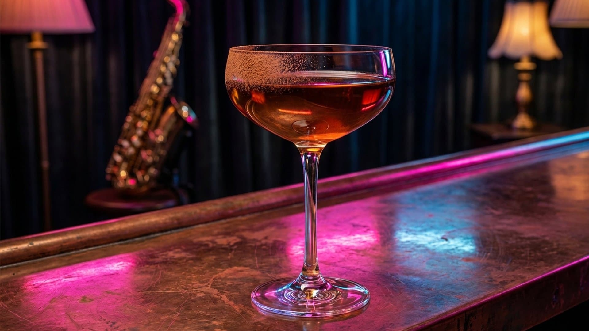 The Bibliophile's Reverie cocktail in a coupe garnished with Orange zest twist (expressed and discarded), dusted with cocoa powder