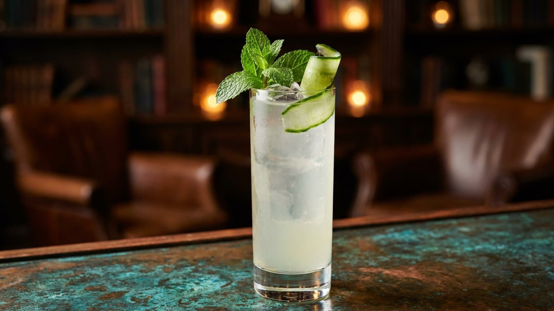 Garden Reverie cocktail in a Collins garnished with Mint sprig and cucumber ribbon