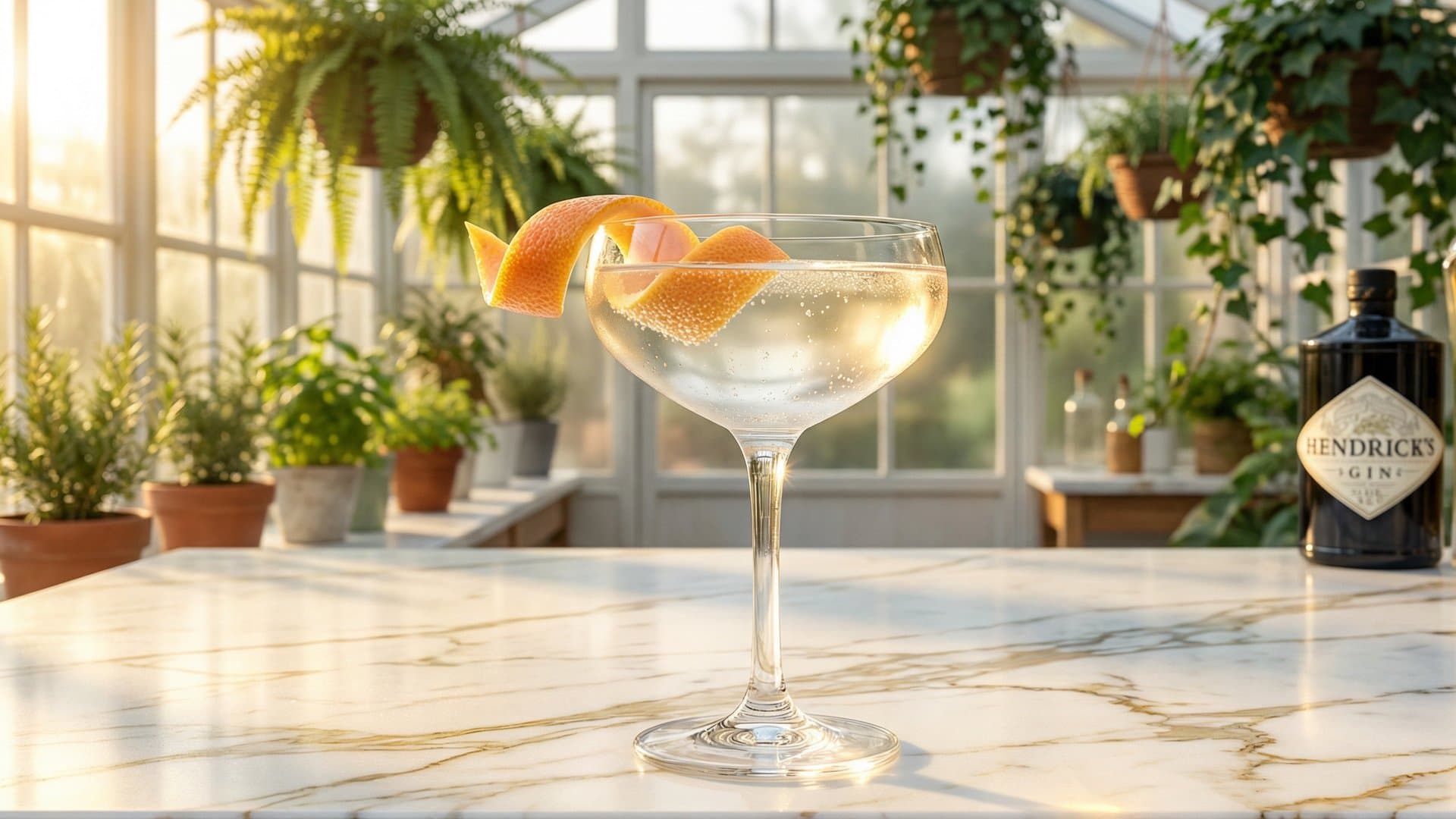 Jardin d'Été cocktail in a coupe garnished with grapefruit peel twist