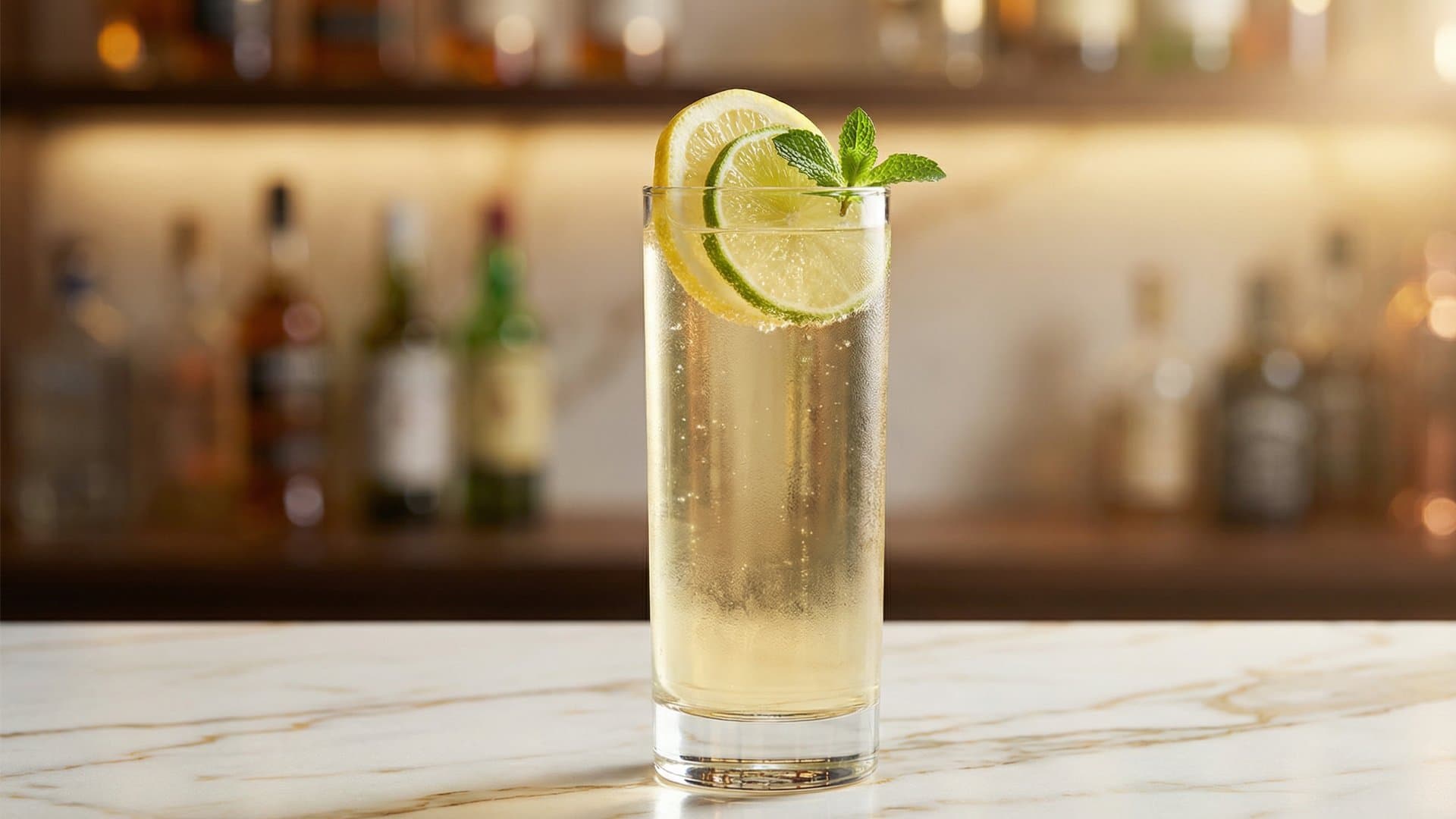 Citrus Spritz cocktail in a highball garnished with lemon and lime wheels, optional mint sprig