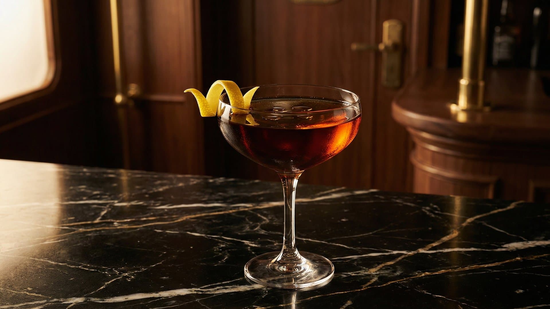 The Proust cocktail in a coupe garnished with lemon peel, expressed and rested on rim