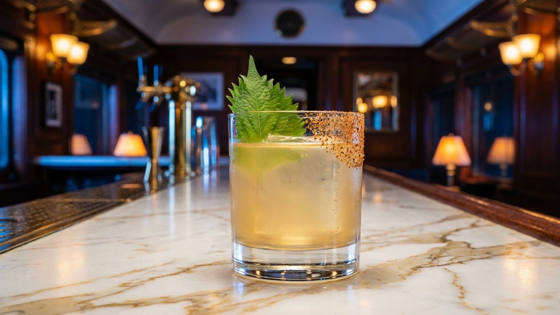 Smoke & Silk Road cocktail in a rocks garnished with Fresh shiso leaf and Tajín half-rim