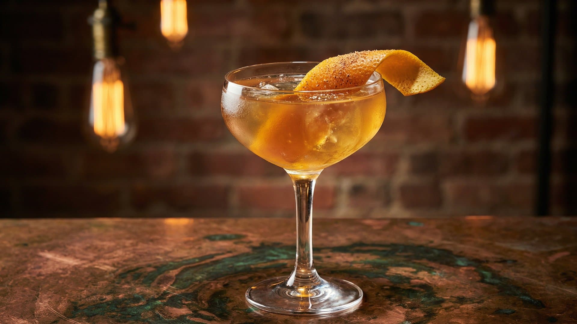 Velvet Reverie cocktail in a coupe garnished with expressed orange peel and freshly grated nutmeg