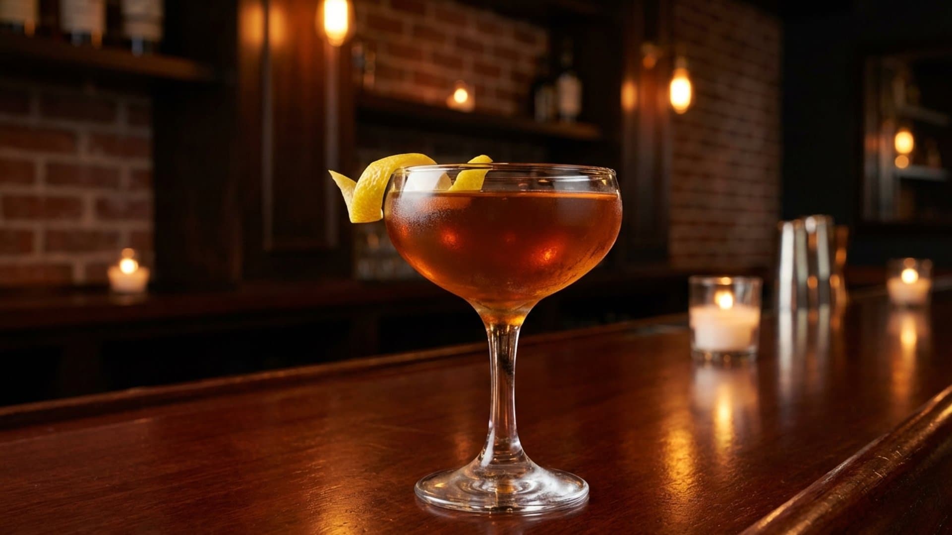 Bootlegger's Handshake cocktail in a coupe garnished with lemon twist