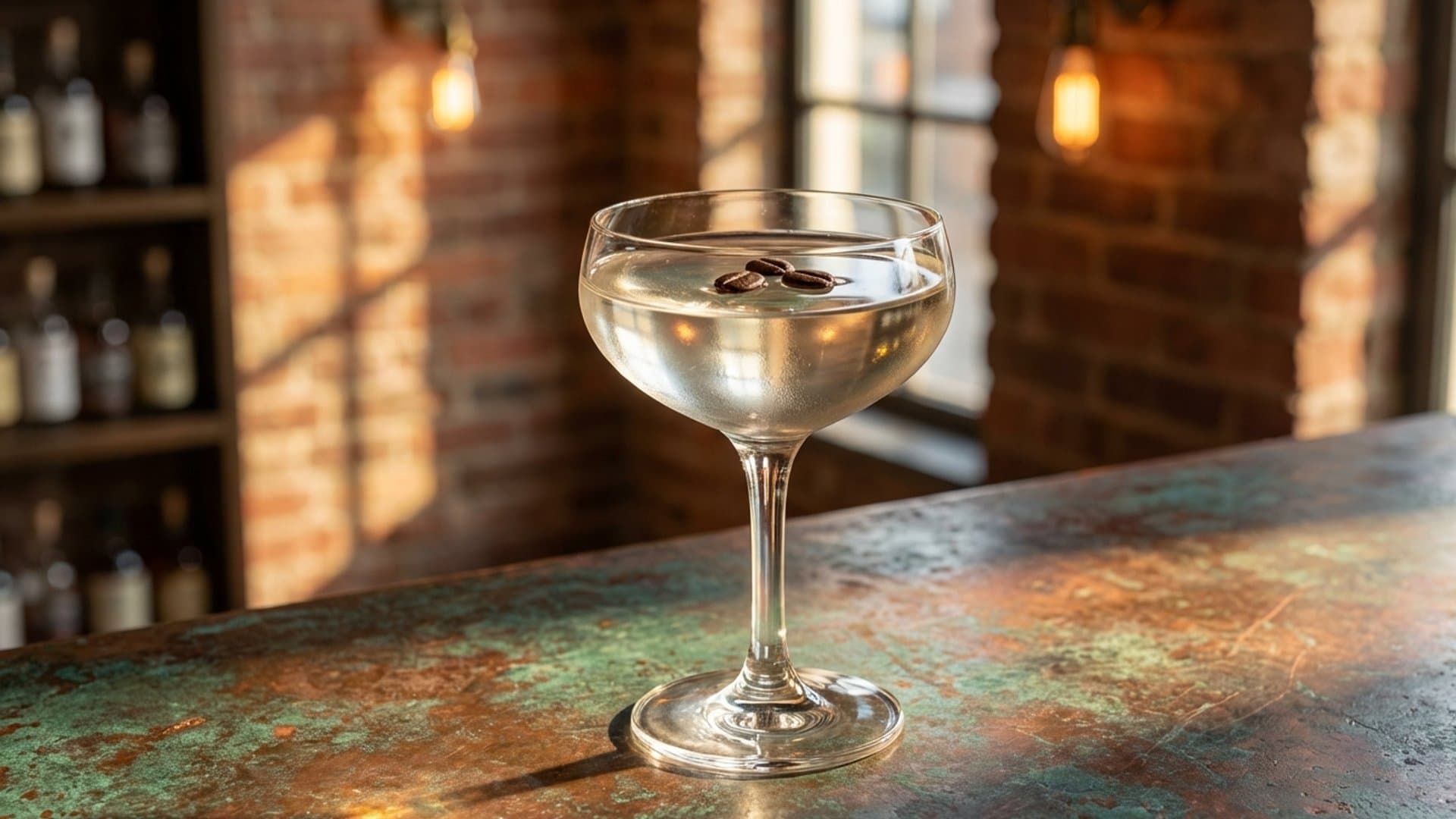 Phantom Espresso cocktail in a coupe garnished with 3 coffee beans floated on surface