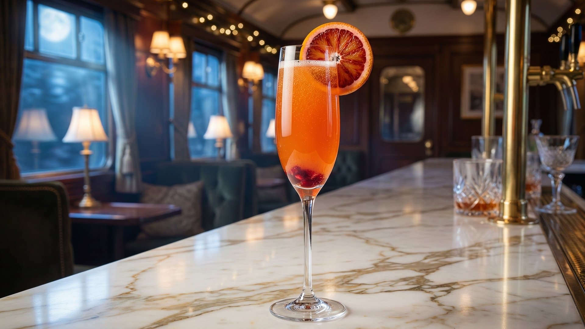 Sanguinello Spritz cocktail in a champagne flute garnished with blood orange wheel