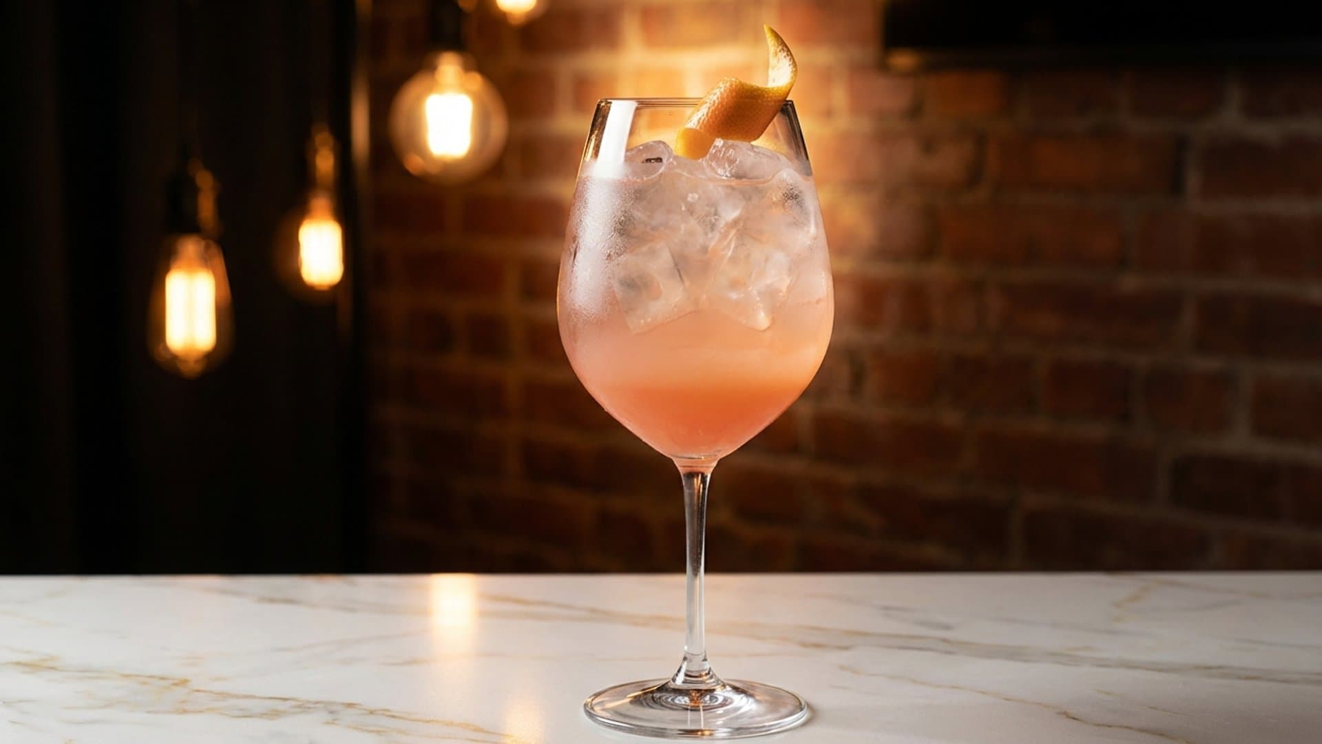 Spiced Citrus Spritz cocktail in a large wine glass or highball garnished with expressed grapefruit peel