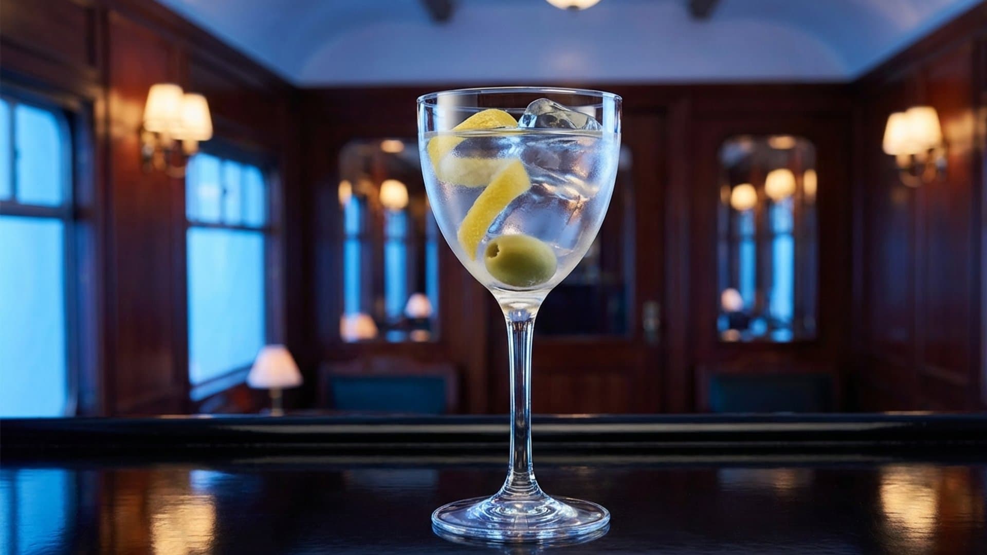 The Vesper Royale cocktail in a coupe or Nick & Nora garnished with Lemon peel, optionally with a Castelvetrano olive