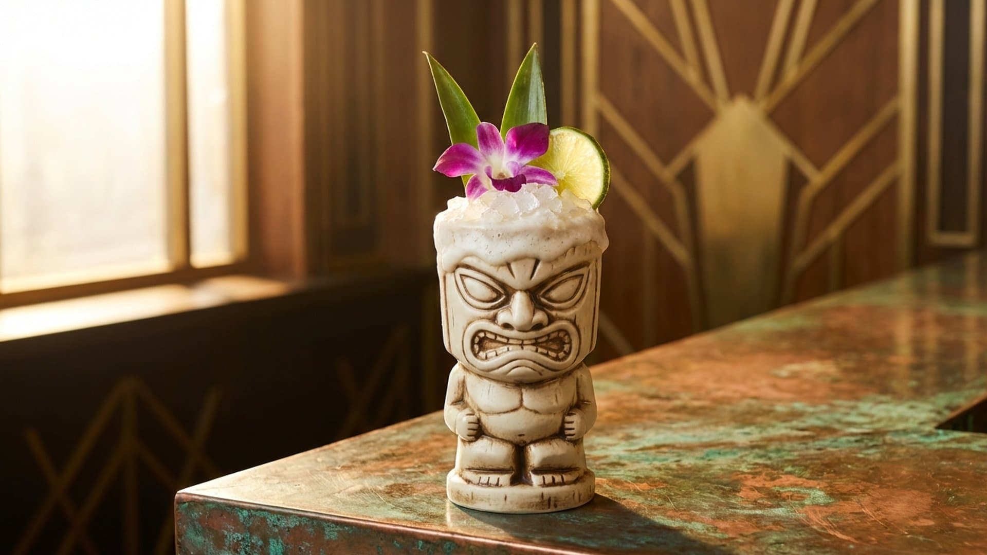 Island Mirage cocktail in a tiki mug or hurricane glass garnished with pineapple fronds, edible orchid, and lime wheel