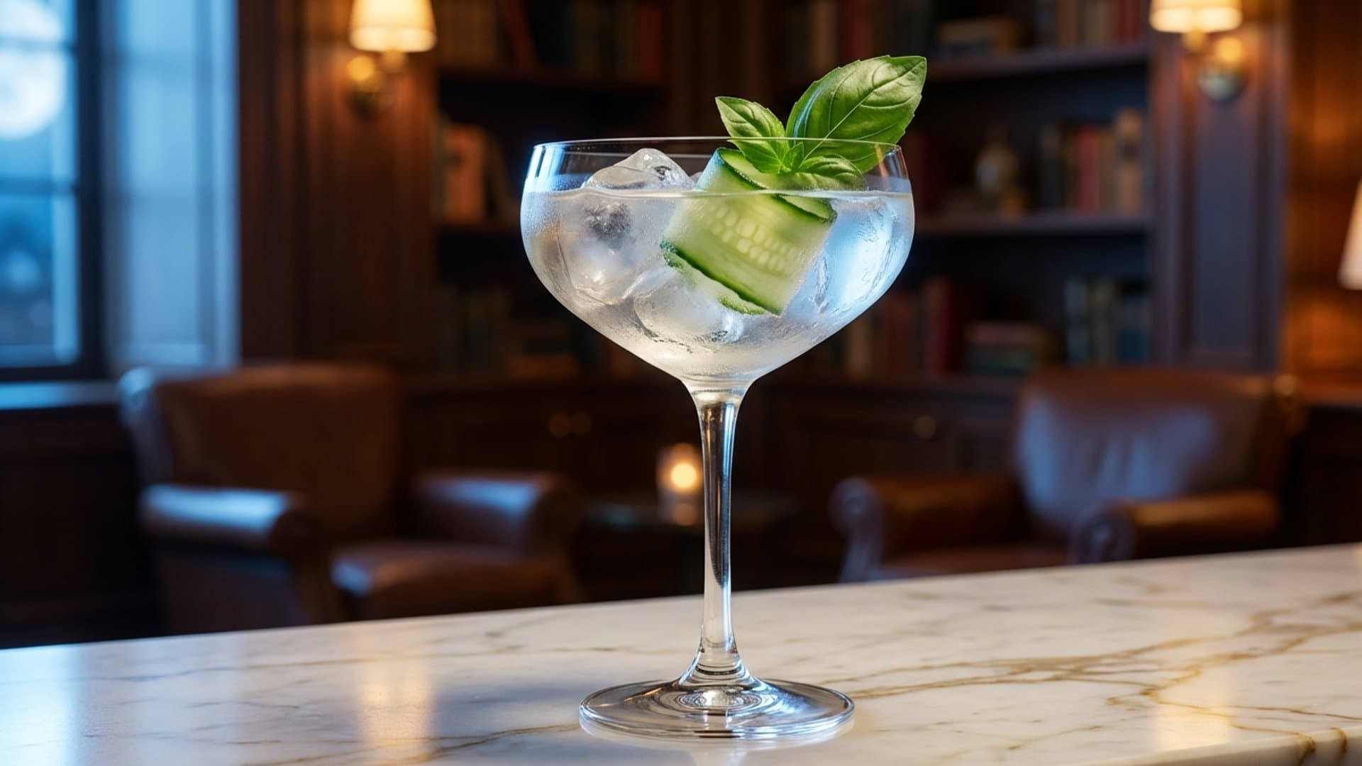 Garden Elixir cocktail in a coupe garnished with Cucumber ribbon and fresh basil leaf (clap basil between hands before garnishing)