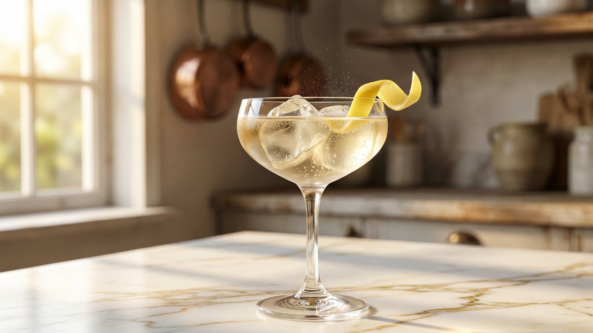 The Gatsby cocktail in a coupe garnished with lemon twist