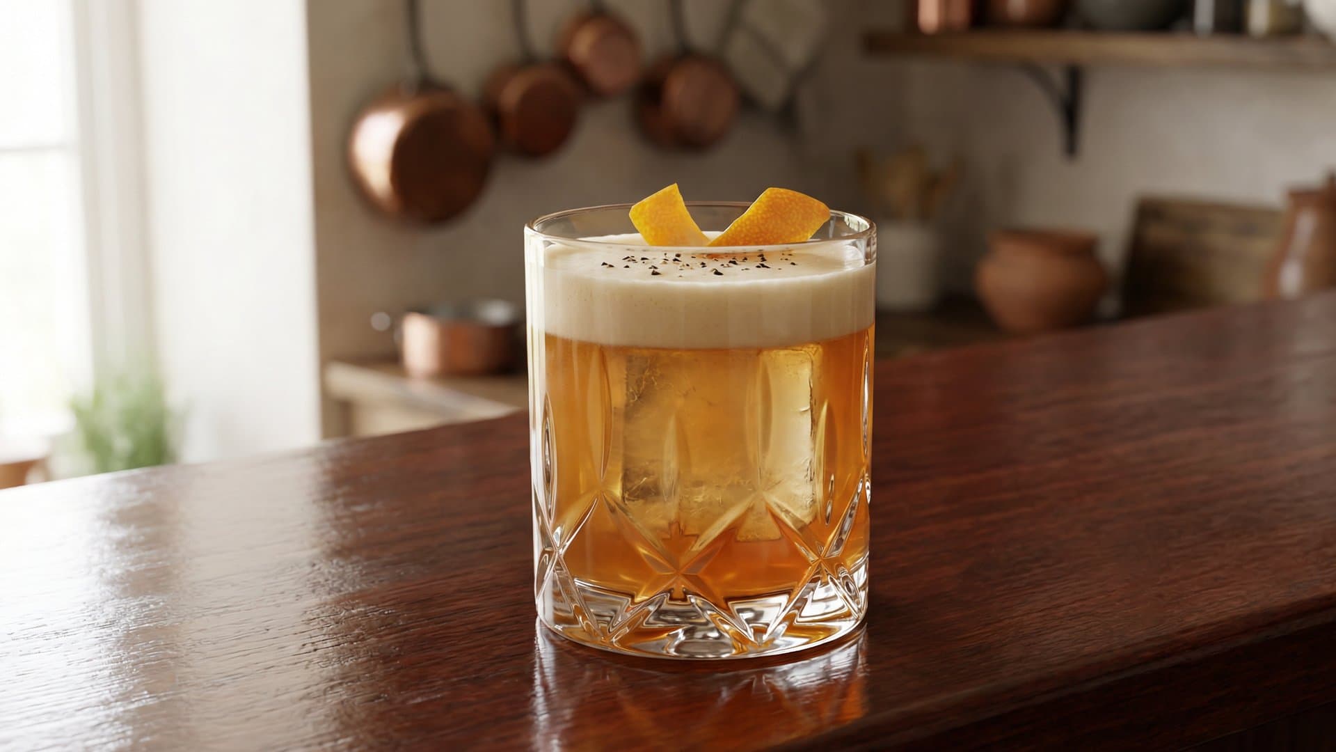 Salumeria Sour cocktail in a double old fashioned garnished with expressed orange peel and cracked black pepper