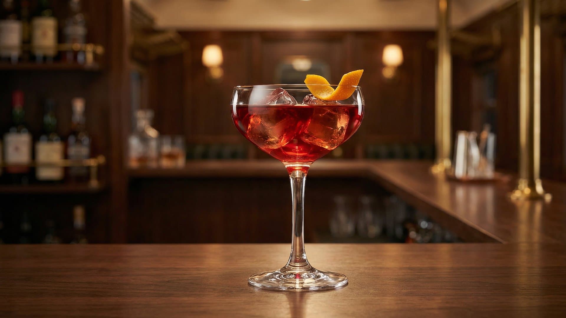 Velvet Repose cocktail in a nick & nora garnished with orange peel twist