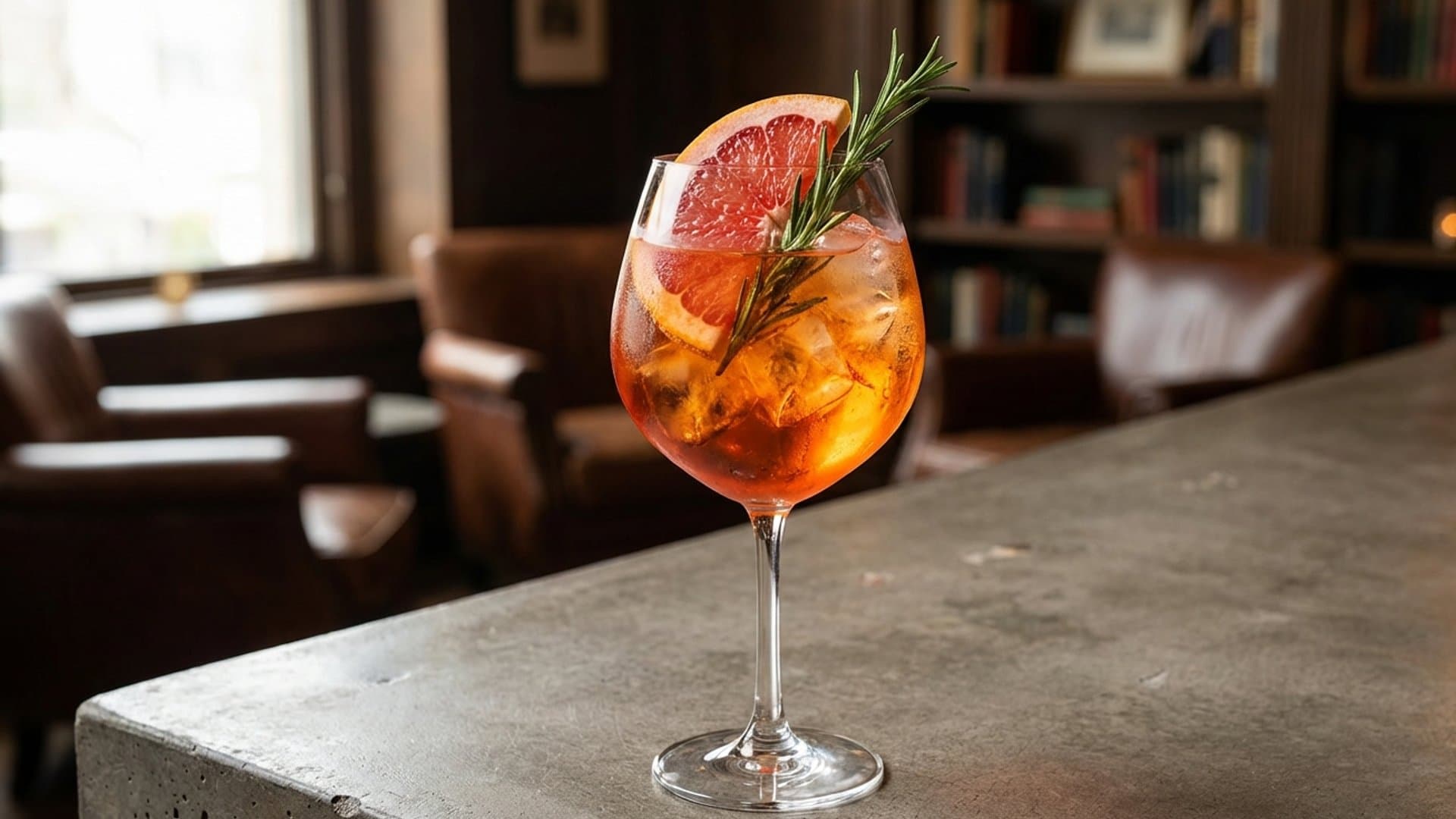 Sunset Meditation cocktail in a wine glass garnished with grapefruit wheel and fresh rosemary sprig