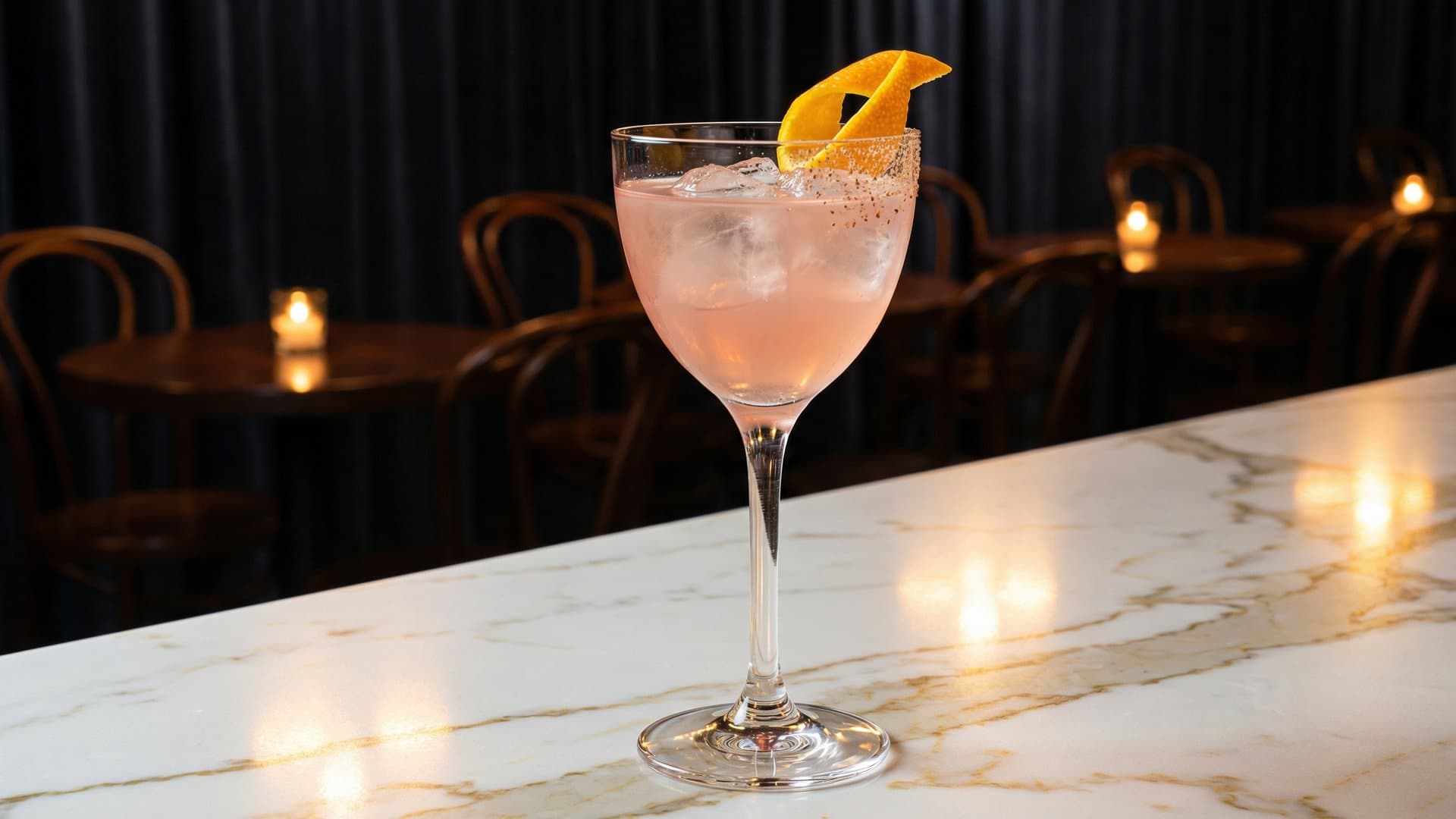 Velvet Repose cocktail in a nick & nora garnished with expressed orange peel, freshly grated nutmeg