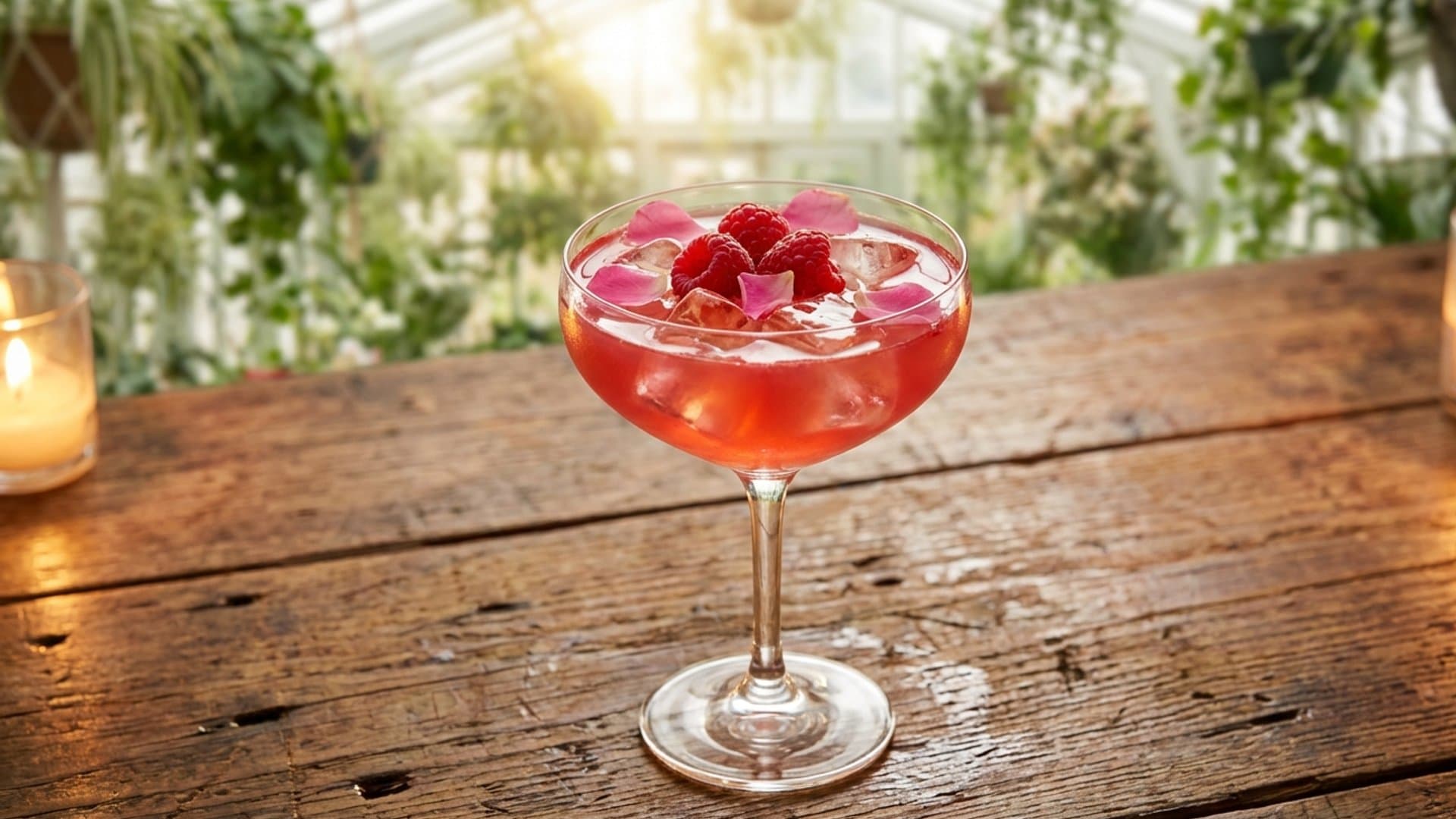 Rose Petal Kiss cocktail in a coupe garnished with Fresh raspberries and edible rose petals