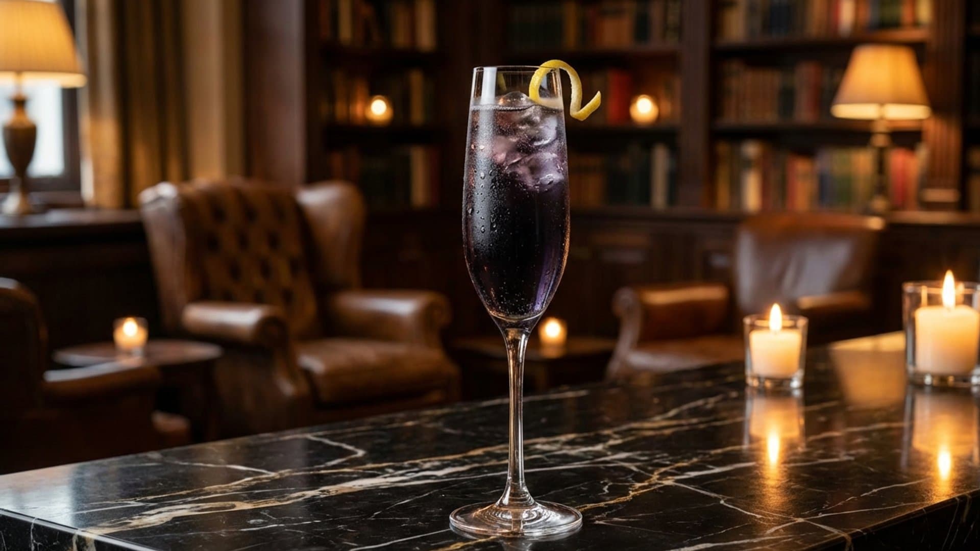 Velvet Kiss cocktail in a champagne flute garnished with Lemon twist