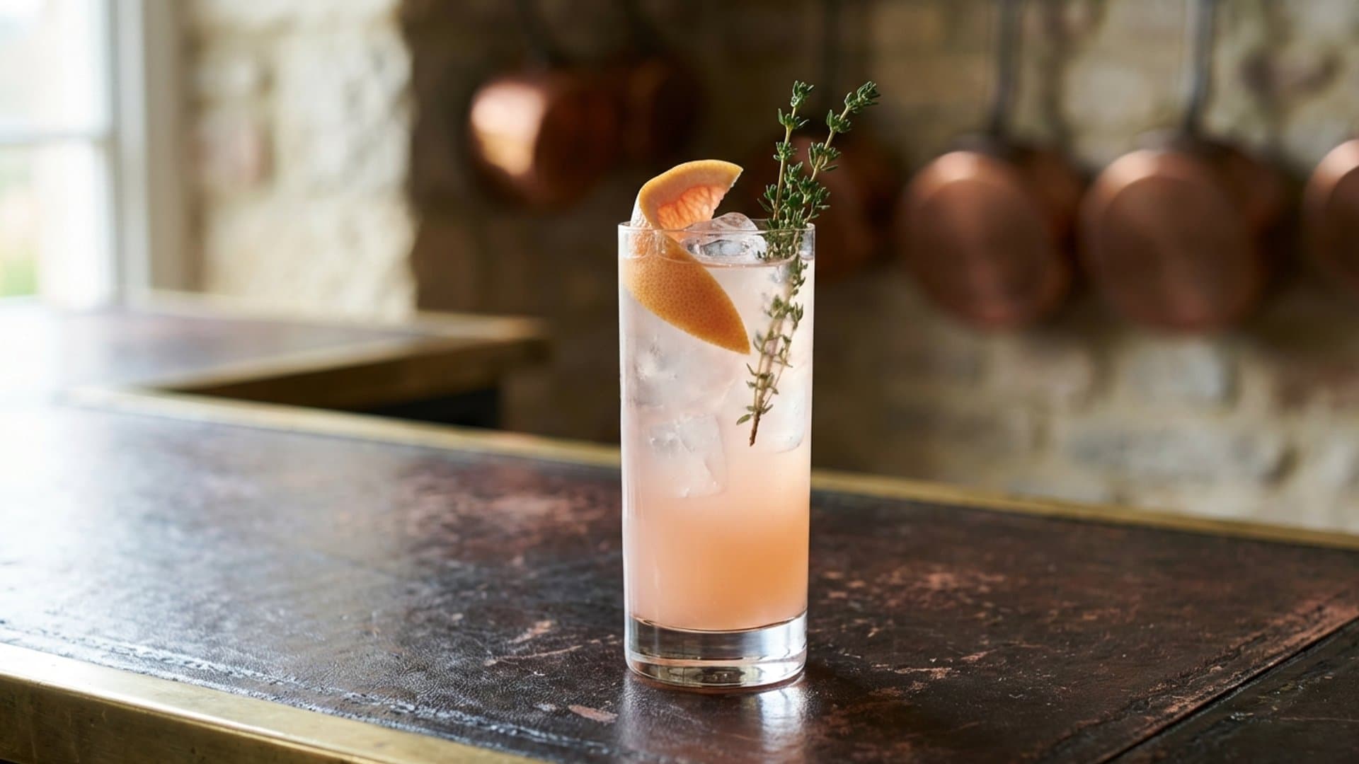 Grove & Tonic Spritz cocktail in a highball garnished with grapefruit twist and fresh thyme sprig
