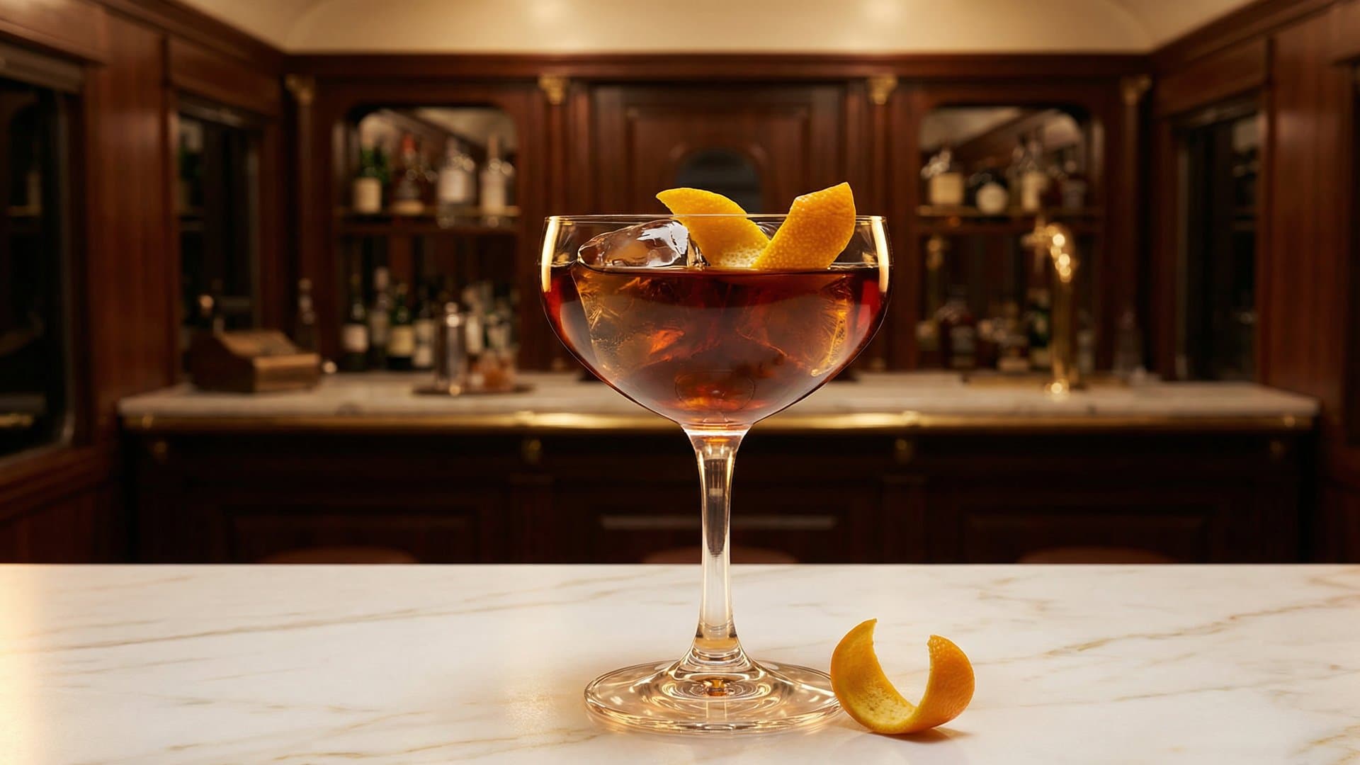 Smoke & Mirrors cocktail in a coupe garnished with expressed orange peel (discarded)