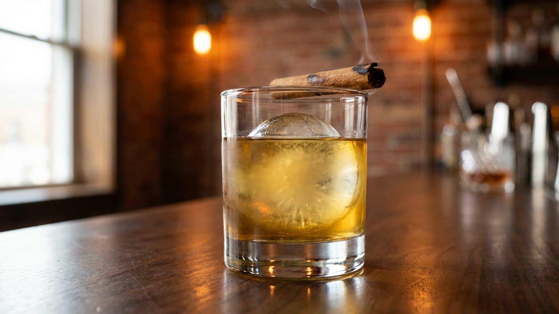 Ember & Oak cocktail in a rocks glass garnished with Lightly torched cinnamon stick