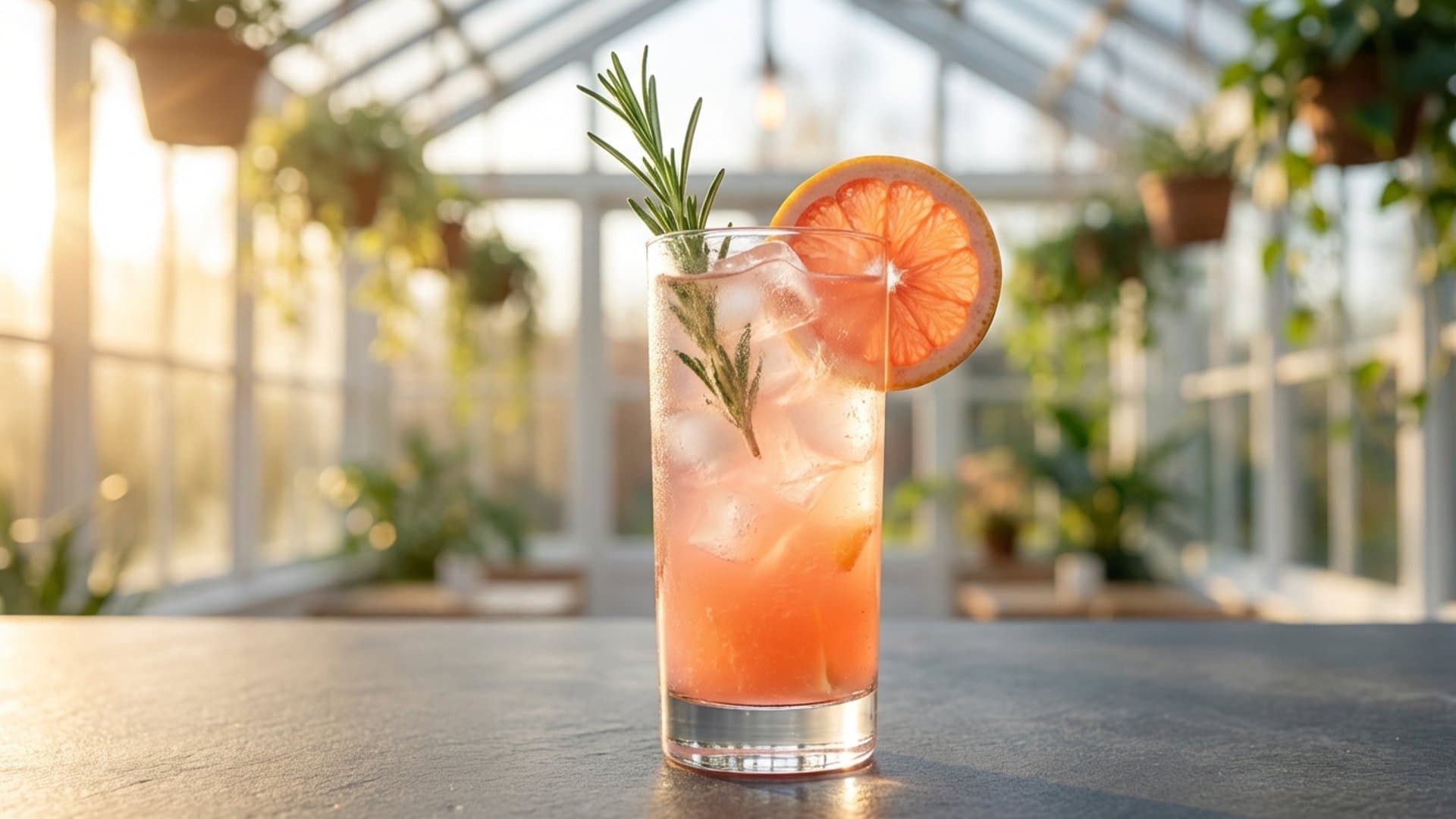 Rosemary Sunrise cocktail in a highball garnished with Fresh rosemary sprig (clapped to release oils) and grapefruit wheel