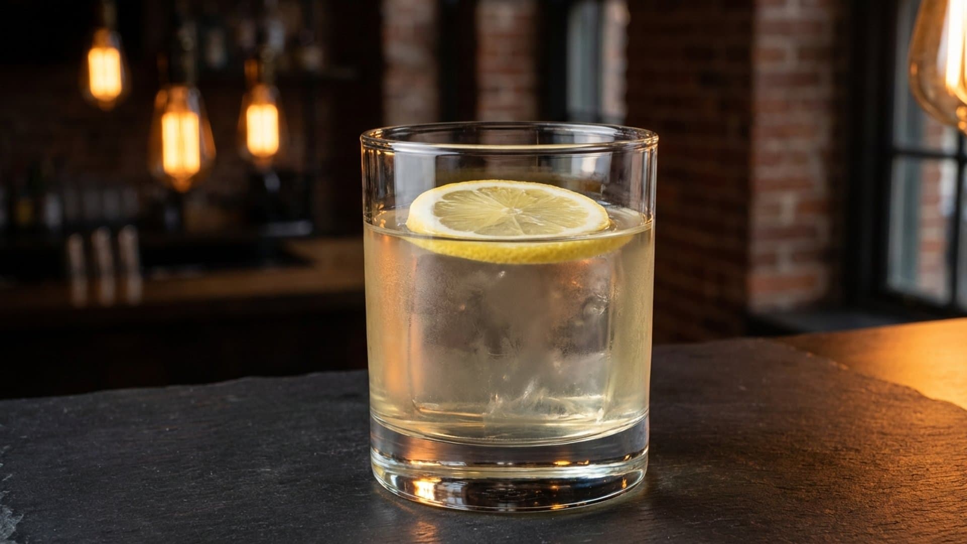 The Umami Garden cocktail in a rocks garnished with thin lemon wheel