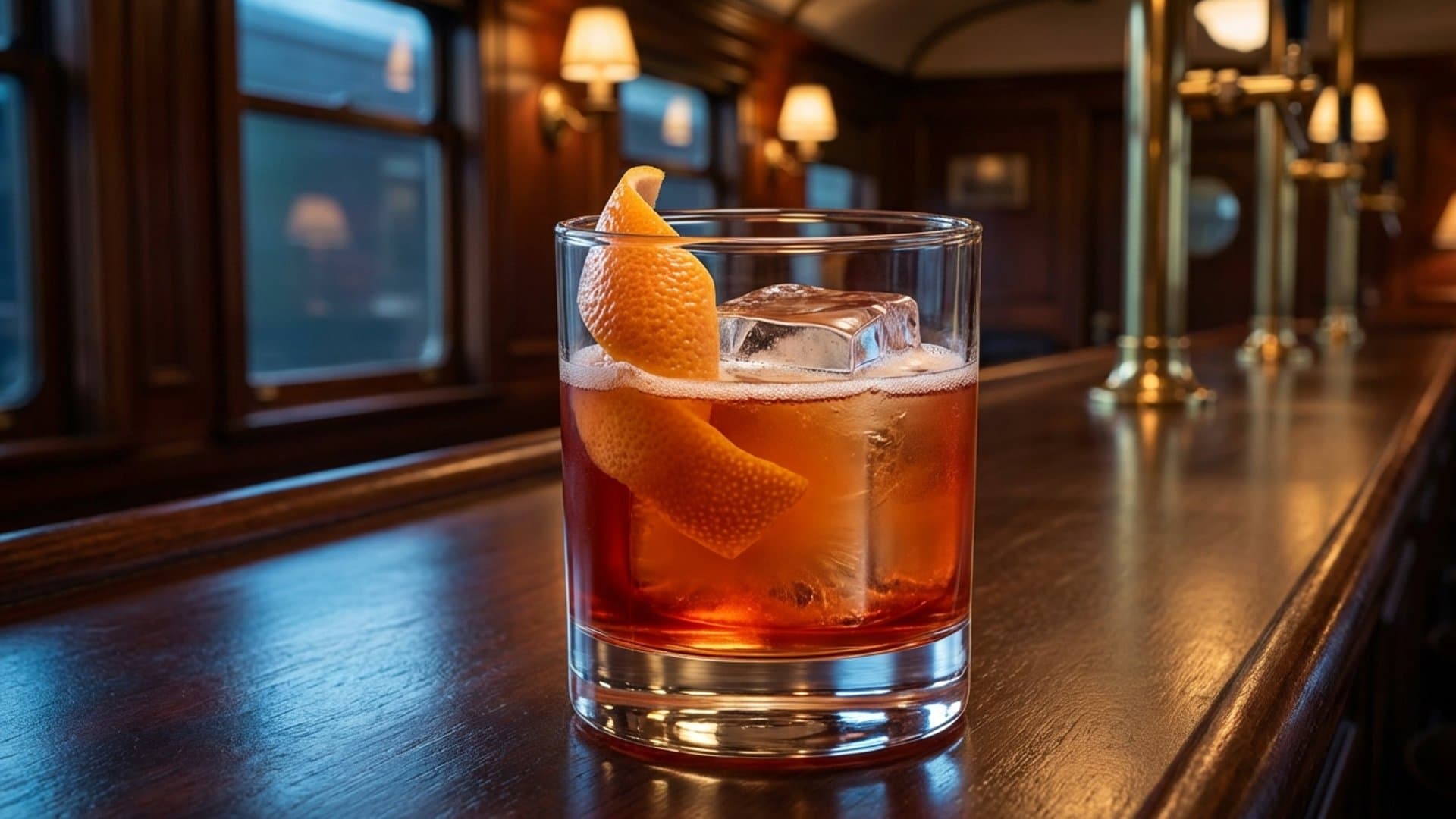 Tierra Quemada cocktail in a double old fashioned garnished with expressed grapefruit peel