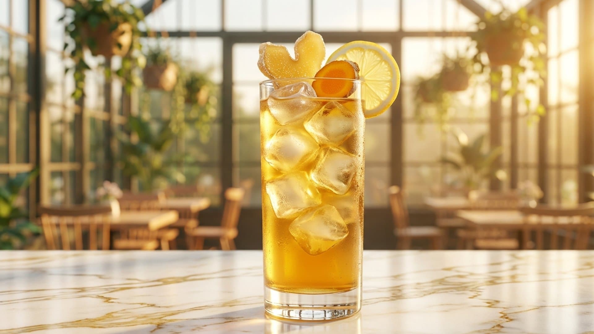 Golden Glow cocktail in a highball garnished with Candied ginger slice, fresh turmeric slice, and lemon wheel