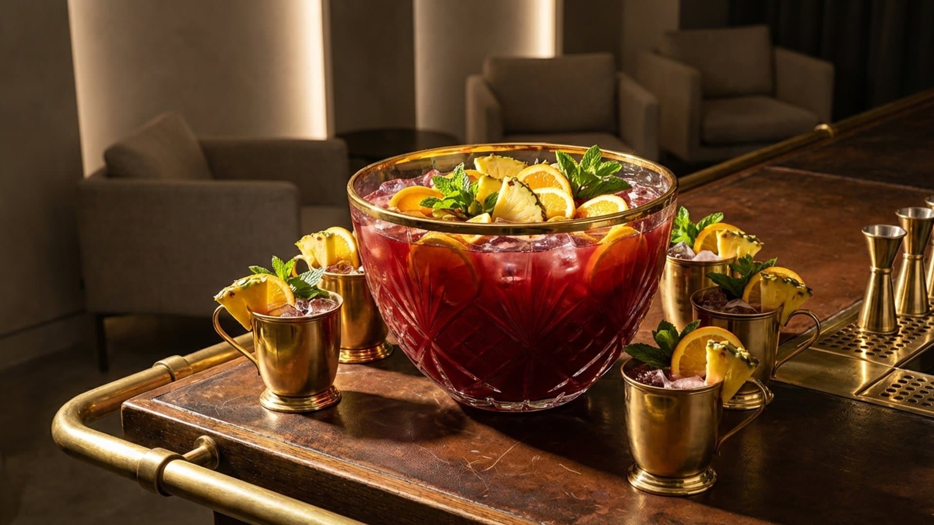 Island Sunset Punch cocktail in a punch bowl (serve in punch cups or rocks glasses) garnished with Fresh pineapple chunks, orange wheels, and mint sprigs