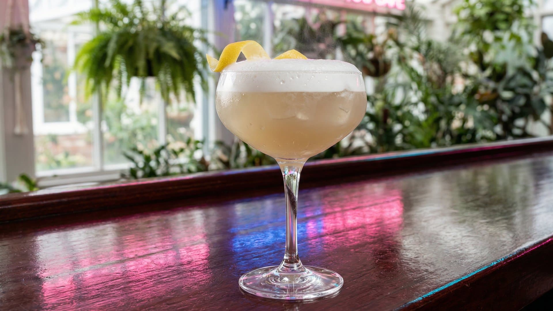 Soft Launch cocktail in a coupe garnished with Orange flower water mist and lemon peel