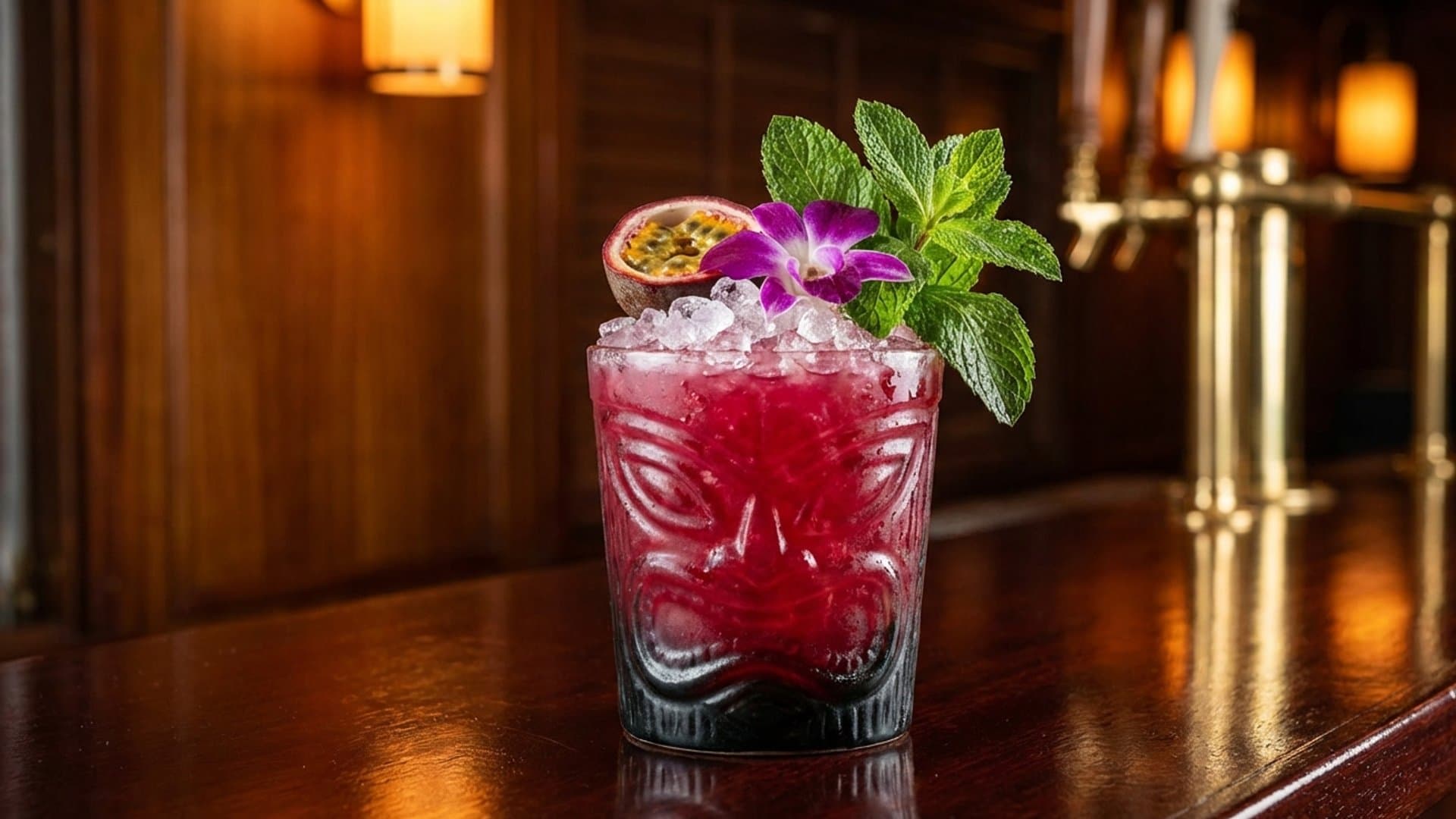 Island Reverie cocktail in a tiki mug or double old-fashioned garnished with passion fruit half, edible orchid, and fresh mint sprig