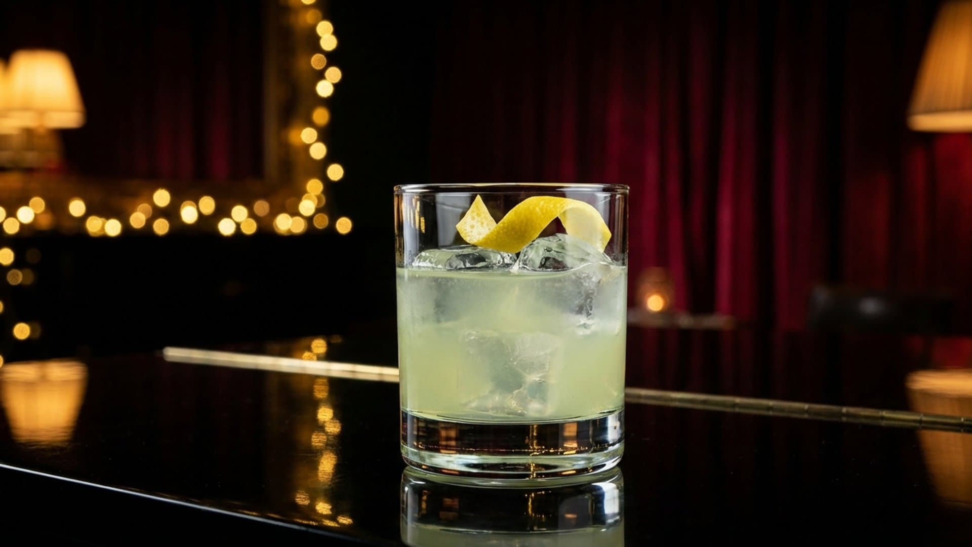 The Crescent Revival cocktail in a rocks garnished with lemon twist