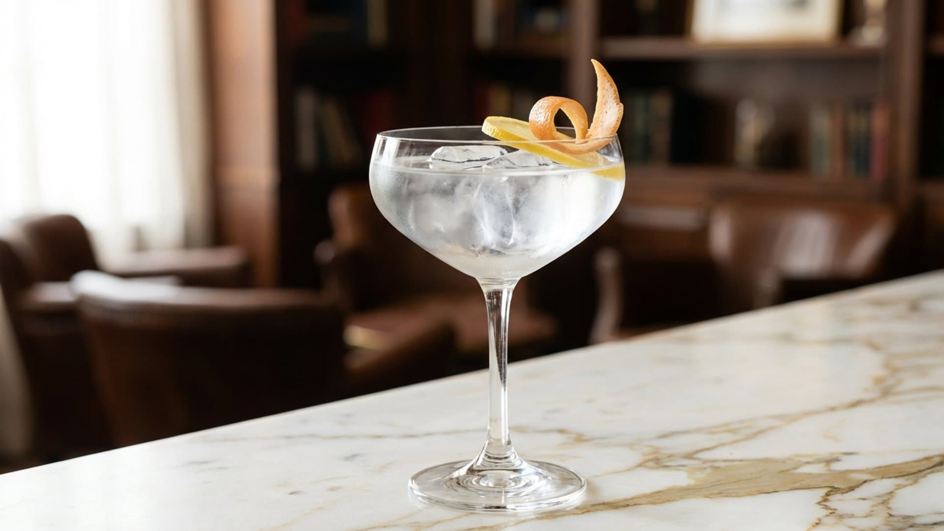 Sunrise on the Pacific cocktail in a coupe garnished with thin grapefruit wheel or yuzu zest twist