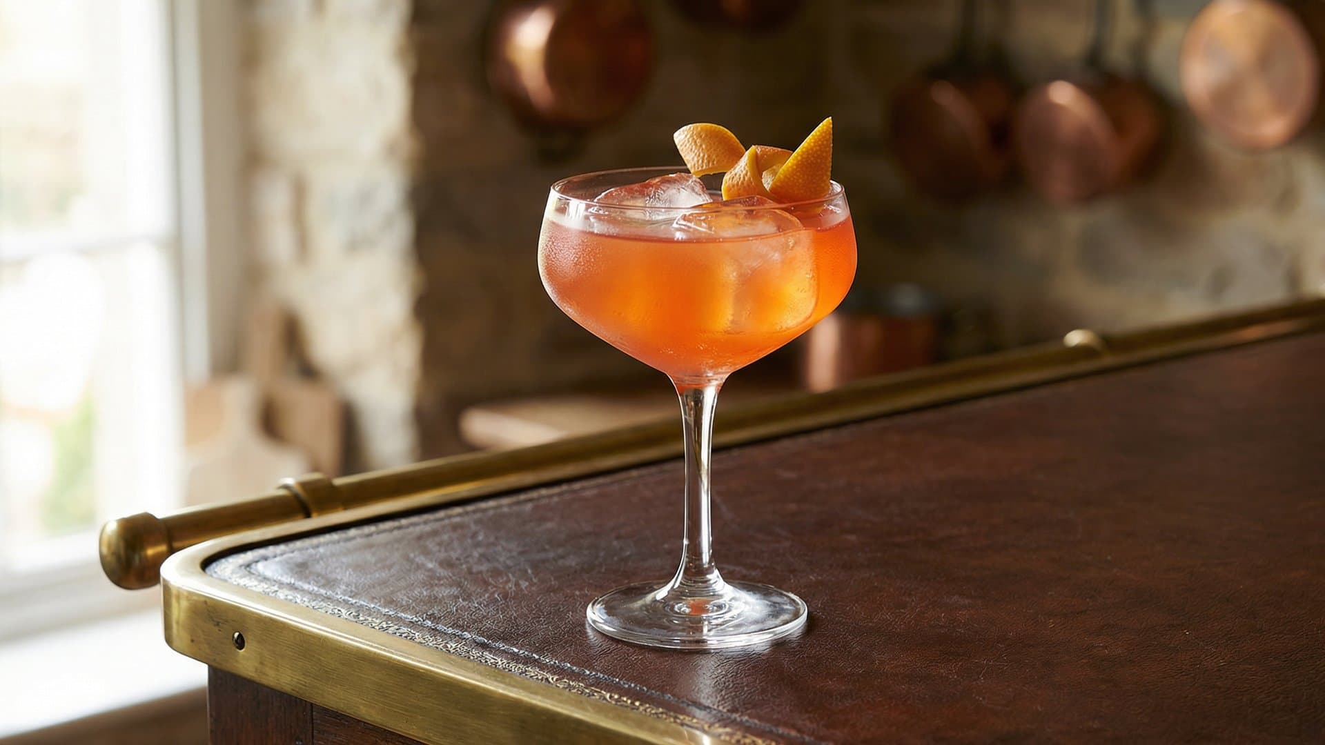 Bitter Garden cocktail in a coupe garnished with grapefruit peel twist