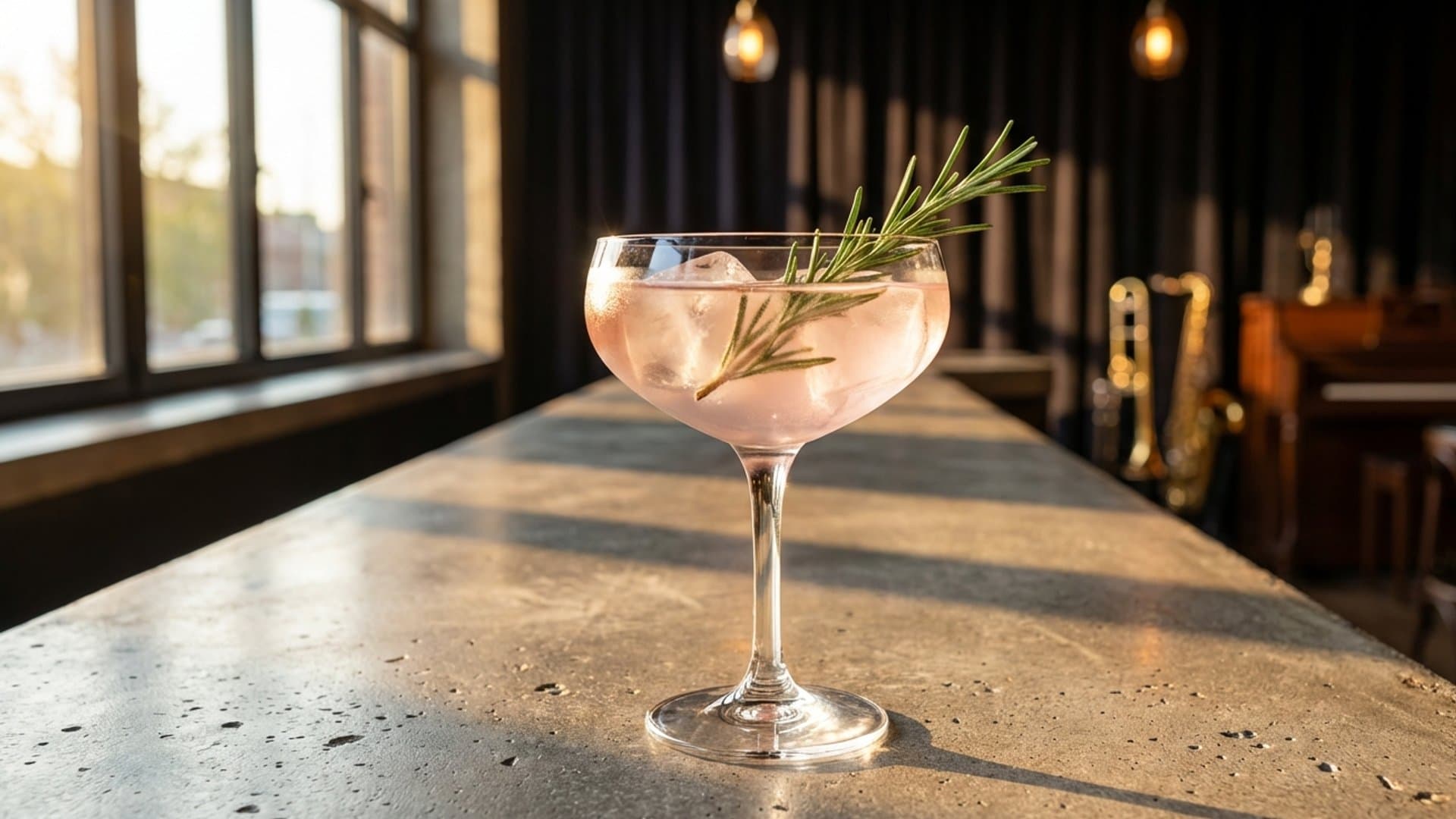 Garden Vigil cocktail in a coupe garnished with fresh rosemary sprig, expressed and placed across the rim