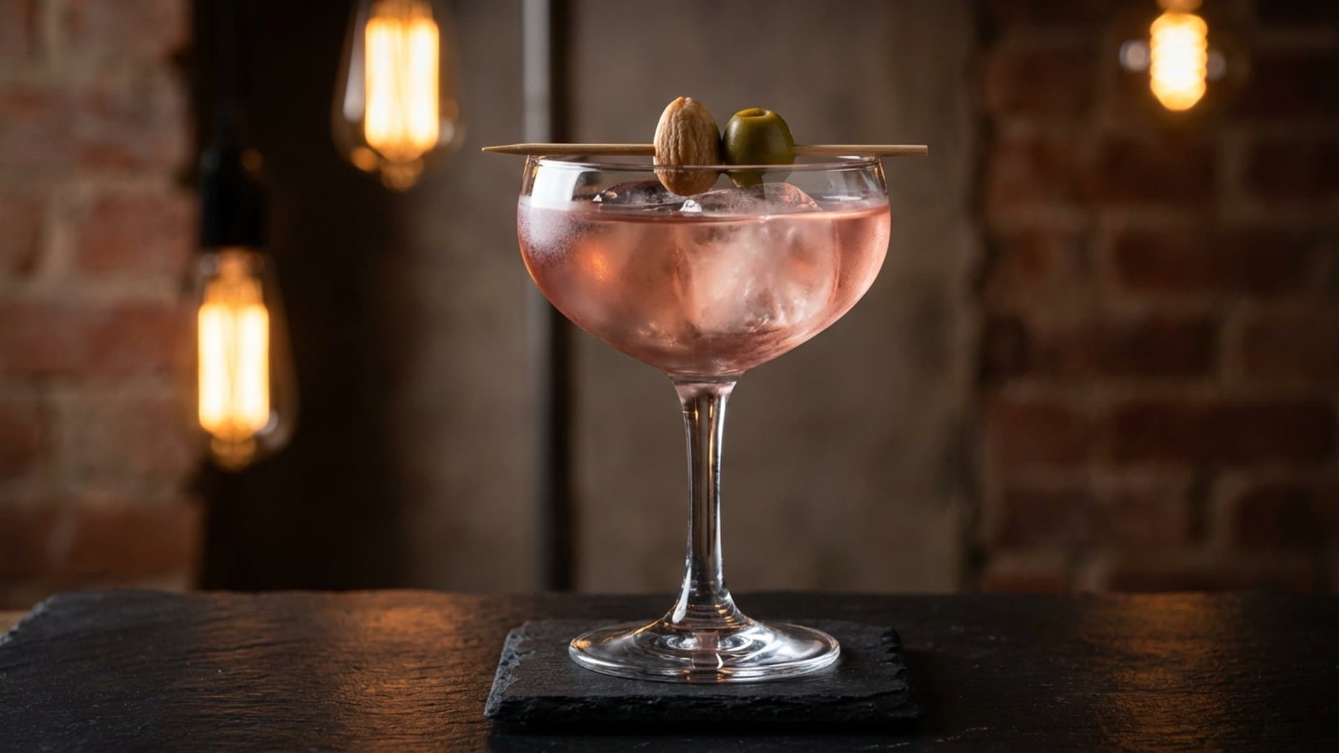 La Bodega cocktail in a coupe garnished with Marcona almond on a pick or green olive