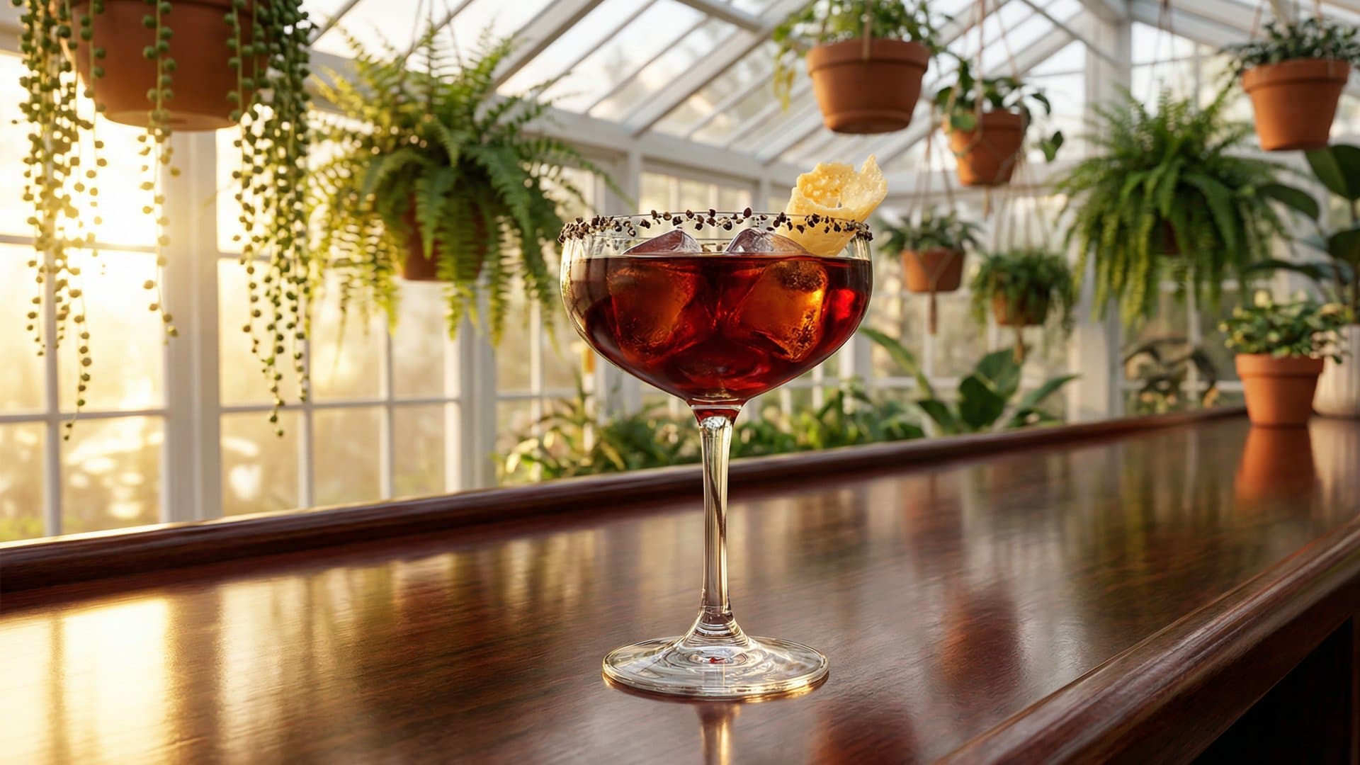 Alla Gricia cocktail in a coupe garnished with freshly cracked black pepper and small parmesan crisp on rim