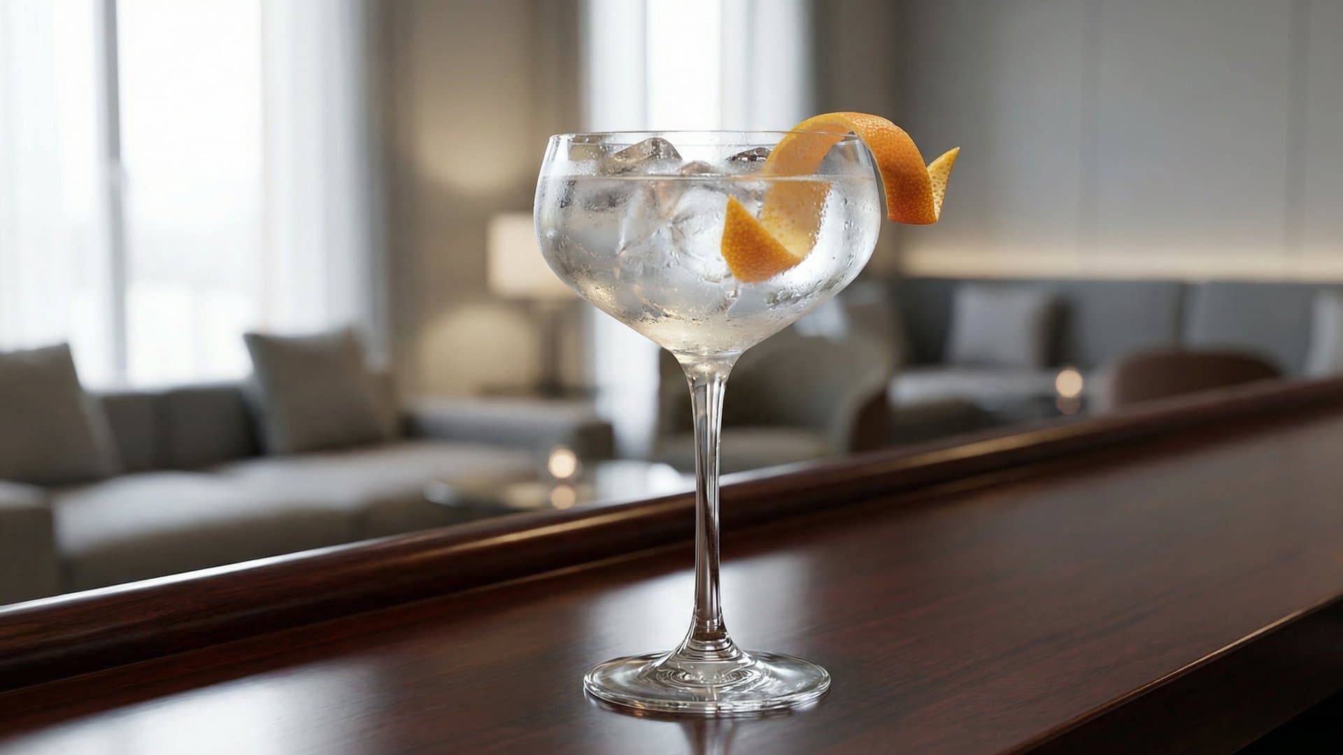 Yuzu Sunrise cocktail in a coupe garnished with expressed grapefruit peel