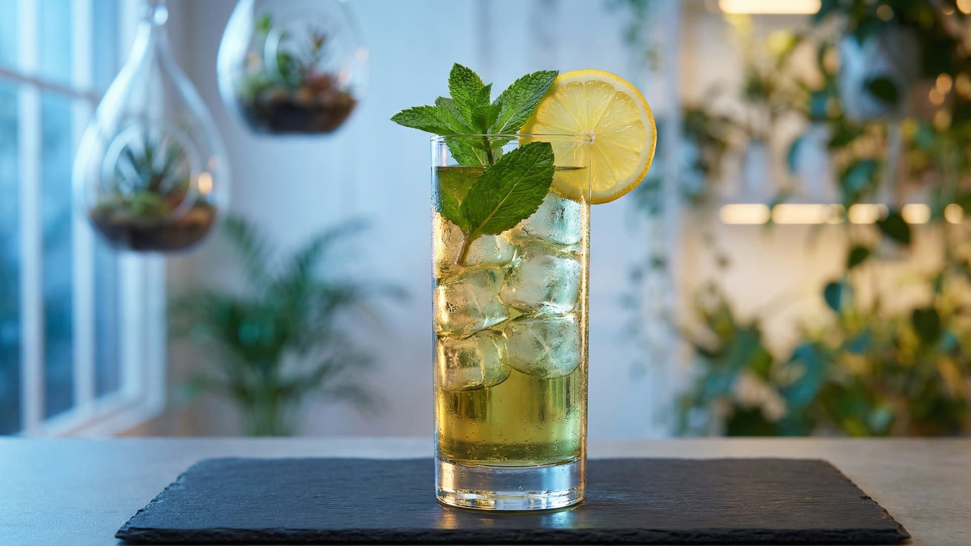 Emerald Isle Sipper cocktail in a Collins garnished with Fresh mint sprig and lemon wheel