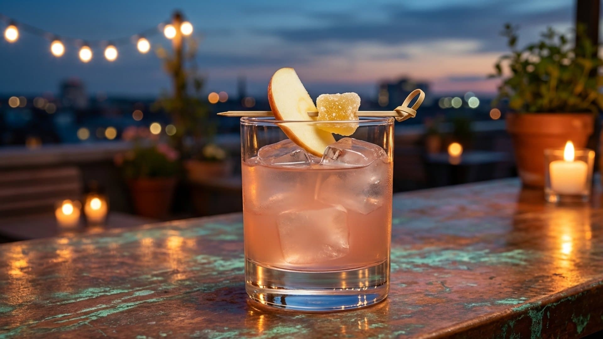 The Emerald Orchard cocktail in a rocks garnished with Thin apple slice and candied ginger on a pick