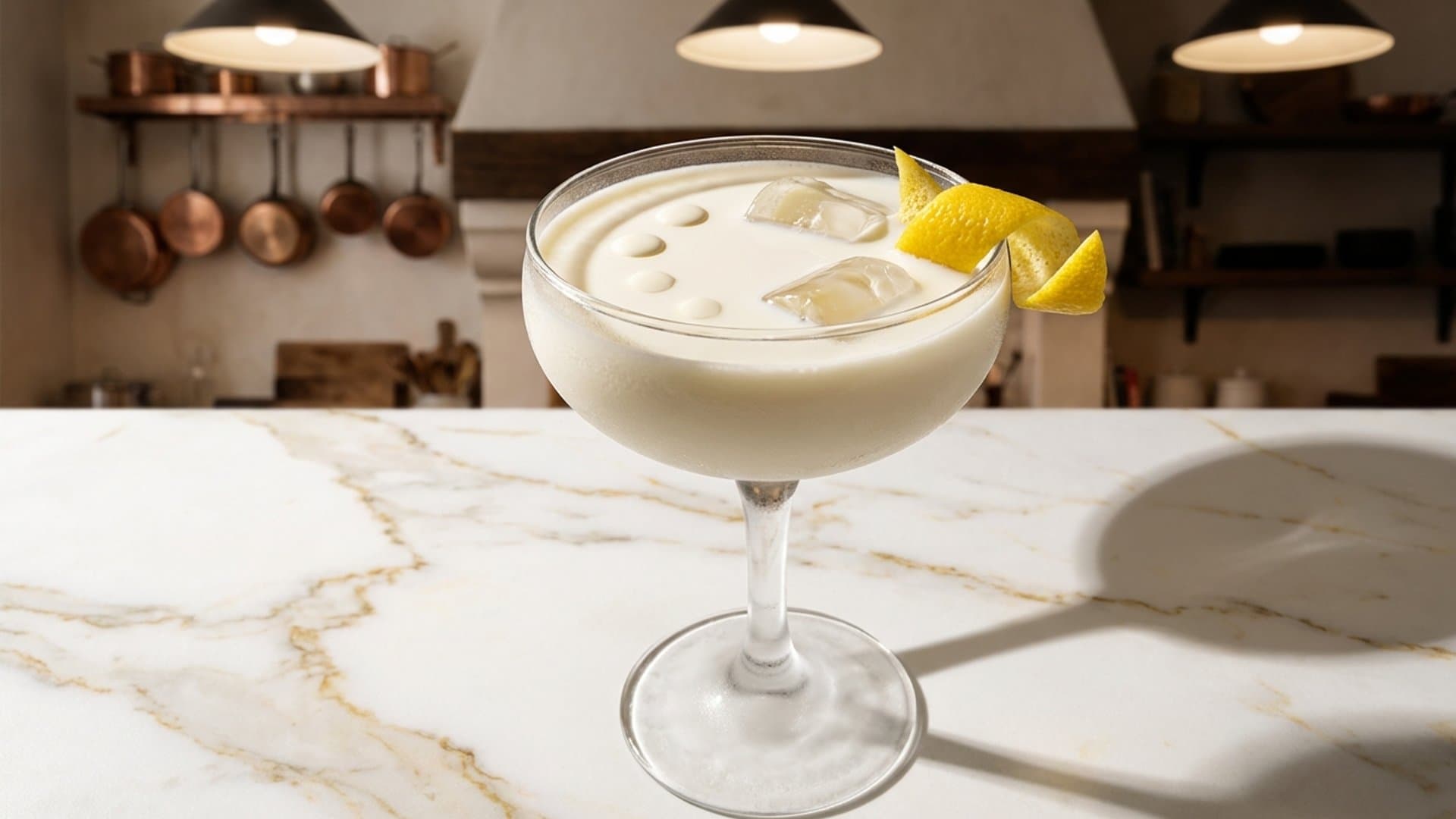 The Celtic Pearl cocktail in a coupe garnished with lemon twist (expressed and discarded), 3 drops of cream floated on surface