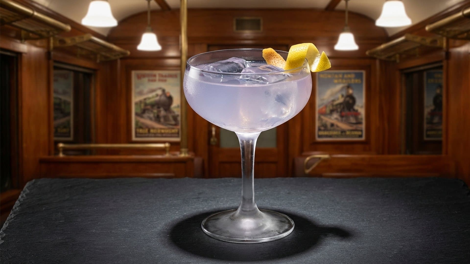 Blanc Garden cocktail in a coupe garnished with lemon twist