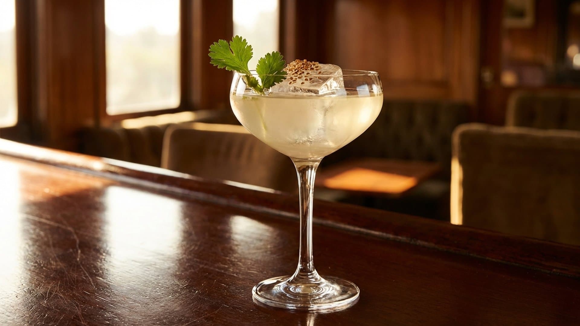 Silk Road Smoke cocktail in a coupe garnished with Fresh cilantro sprig and toasted sesame seeds